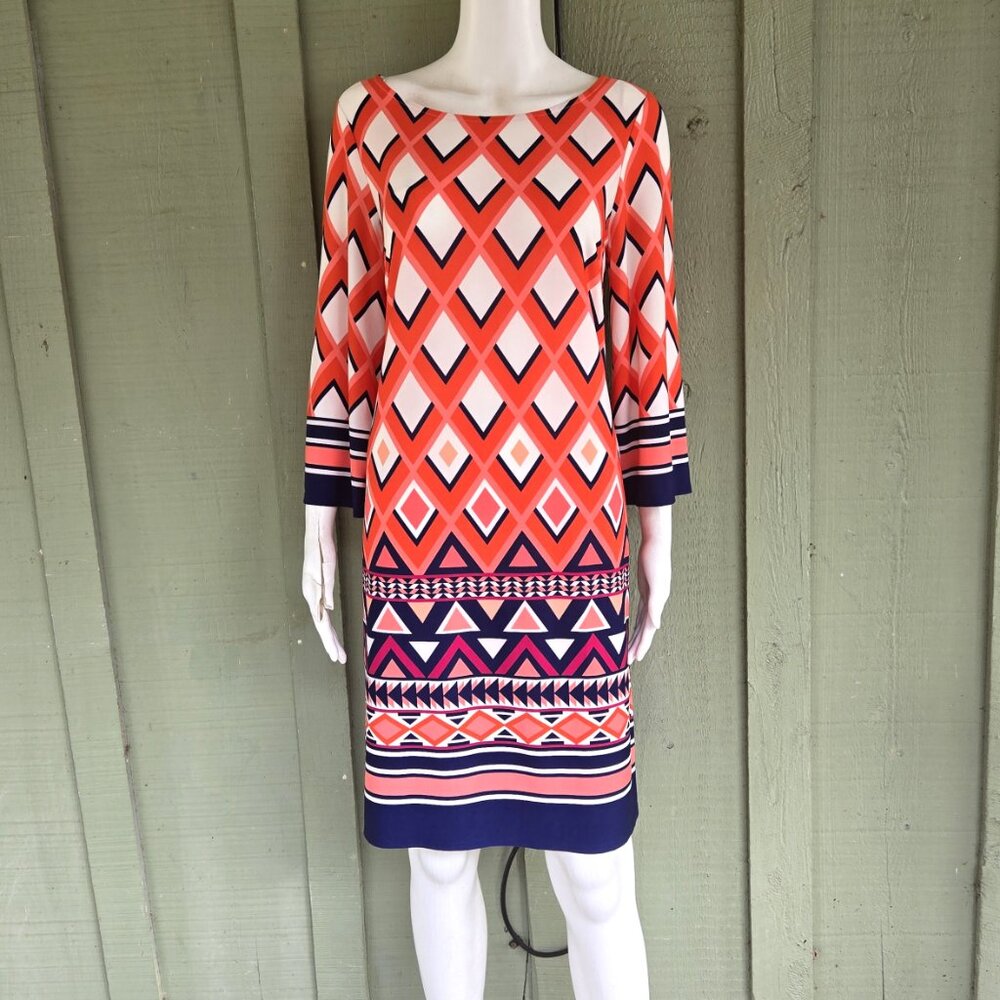 LAURA JEFFRIES Red Print Slinky Shift Dress 12